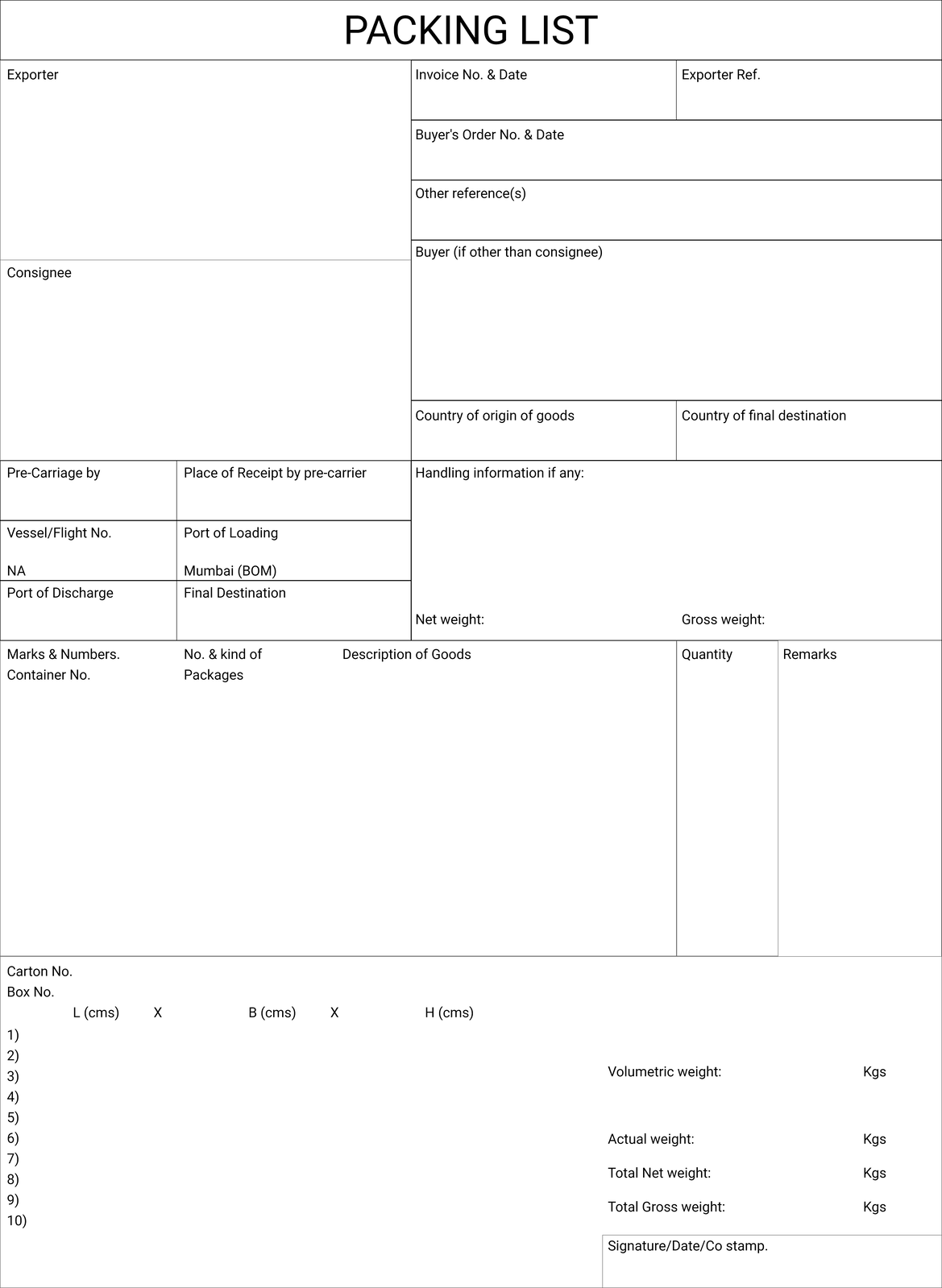 Ilustracja przedstawia listę pakową. Opisy komórek listy są w języku angielskim. W komórkach są miejsca na wpisanie: eksportera, zleceniodawcy, numeru i daty faktury oraz zlecenia, państwa pochodzenia oraz państwa przeznaczenia towaru oraz informacji o ładunku. Na dole jest miejsce na podpis, date i stempel.