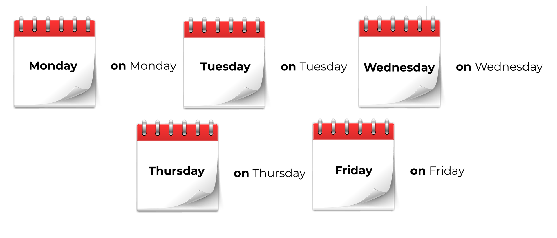 Ilustracja przedstawia kartki z kalendarza. Monday - on Monday, Tuesday - on Tuesday, Wednesday - on Wednesday, Thursday -on Thursday, Friday - on Friday. 