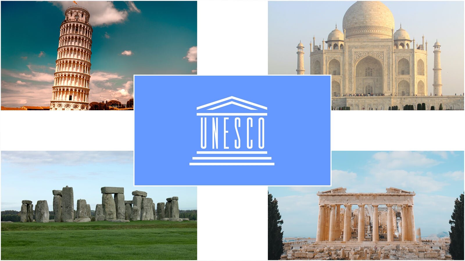 Ilustracja składa się z czterech zdjęć i jednej grafiki częściowo nałożonej na zdjęcia. Zdjęcia przedstawiają znane zabytki. Na pierwszym zdjęciu od lewej, u góry, widoczna jest wysoka, lekko odchylona od pionu kamienna wieża w Pizie. Na prawo widoczne jest zdjęcie przedstawiające okazałą świątynie Taj Mahal. Budynek wykonany jest z jasnego marmuru, a jego dach zdobią kopuły, zaś boki wieżyczki. Budynek zdobiony jest kamieniami szlachetnymi i półszlachetnymi oraz kaligrafią. Zdjęcie u dołu po lewej przedstawia Stonehenge, czyli wielki krąg zbudowany z głazów. Zdjęcie u dołu po prawej przedstawia monumentalną grecką budowlę na Akropolu, na froncie której widoczne jest osiem kolumn. Pośrodku widoczna jest grafika przedstawiająca symbol organizacji United Nations Educational, Scientific and Cultural Organization). Na jasnoniebieskim tle widoczna jest schematycznie przedstawiona świątynia grecka złożona z trzech stopni i tympanonu, czyli trójkątnego szczytu zamykającego przestrzeń dachową, pomiędzy którymi widoczny jest napis UNESCO.