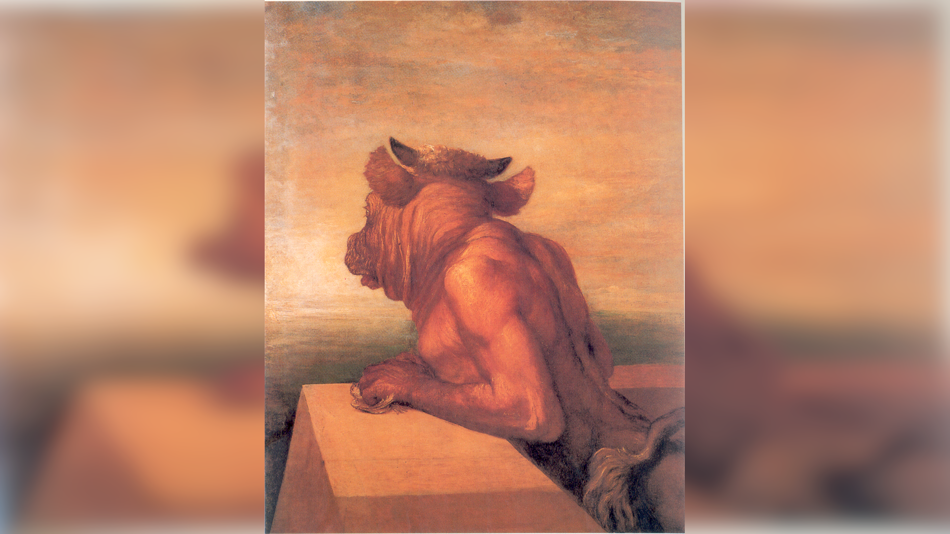 Obraz przedstawia człowieka z głową byka. Stoi on oparty o kamienną balustradę balkonu. Patrzy na morze.