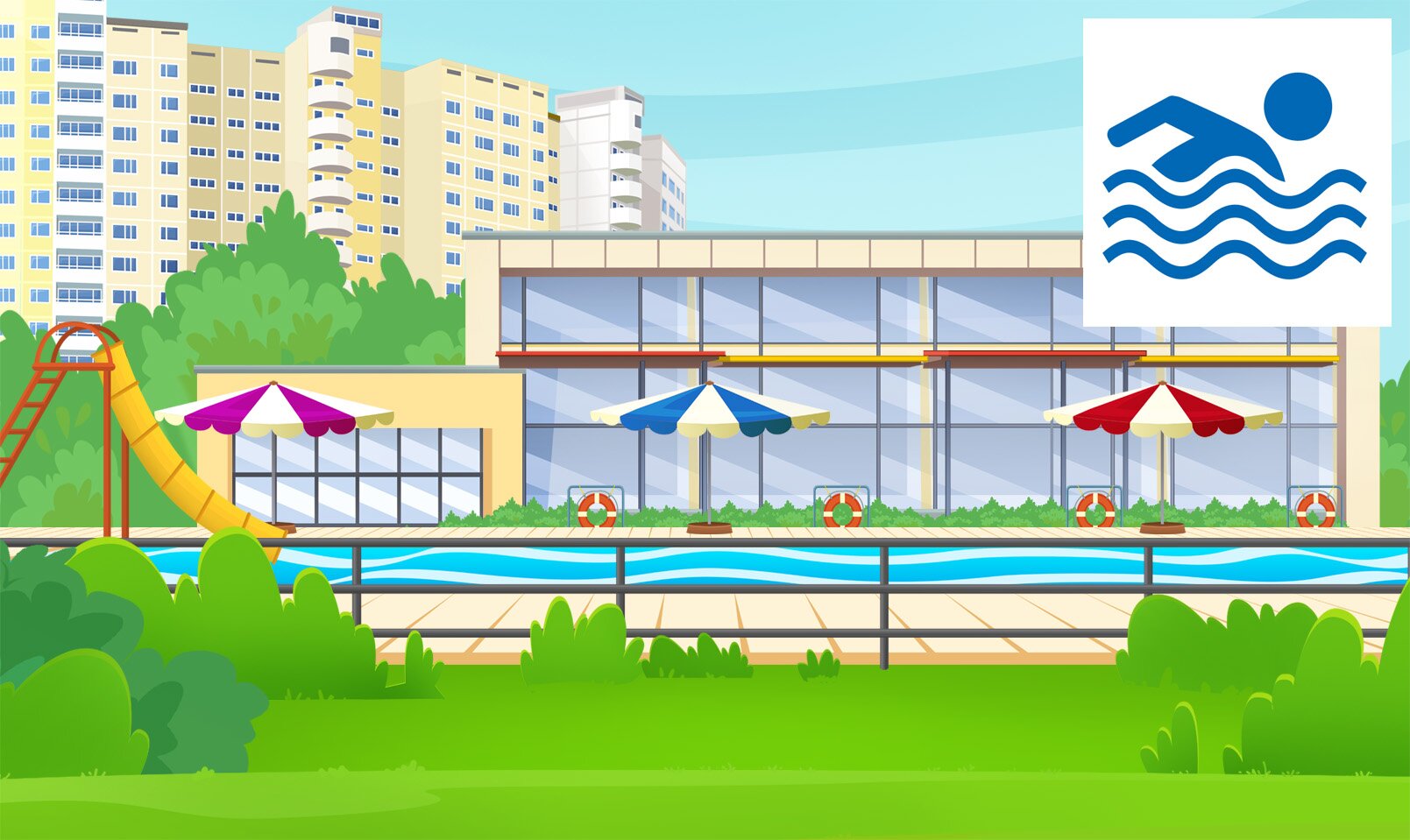 Ilustracja przedstawia budynek, przed którym jest odkryty basen. W rogu ilustracji widoczna jest ikona pływaka w wodzie 