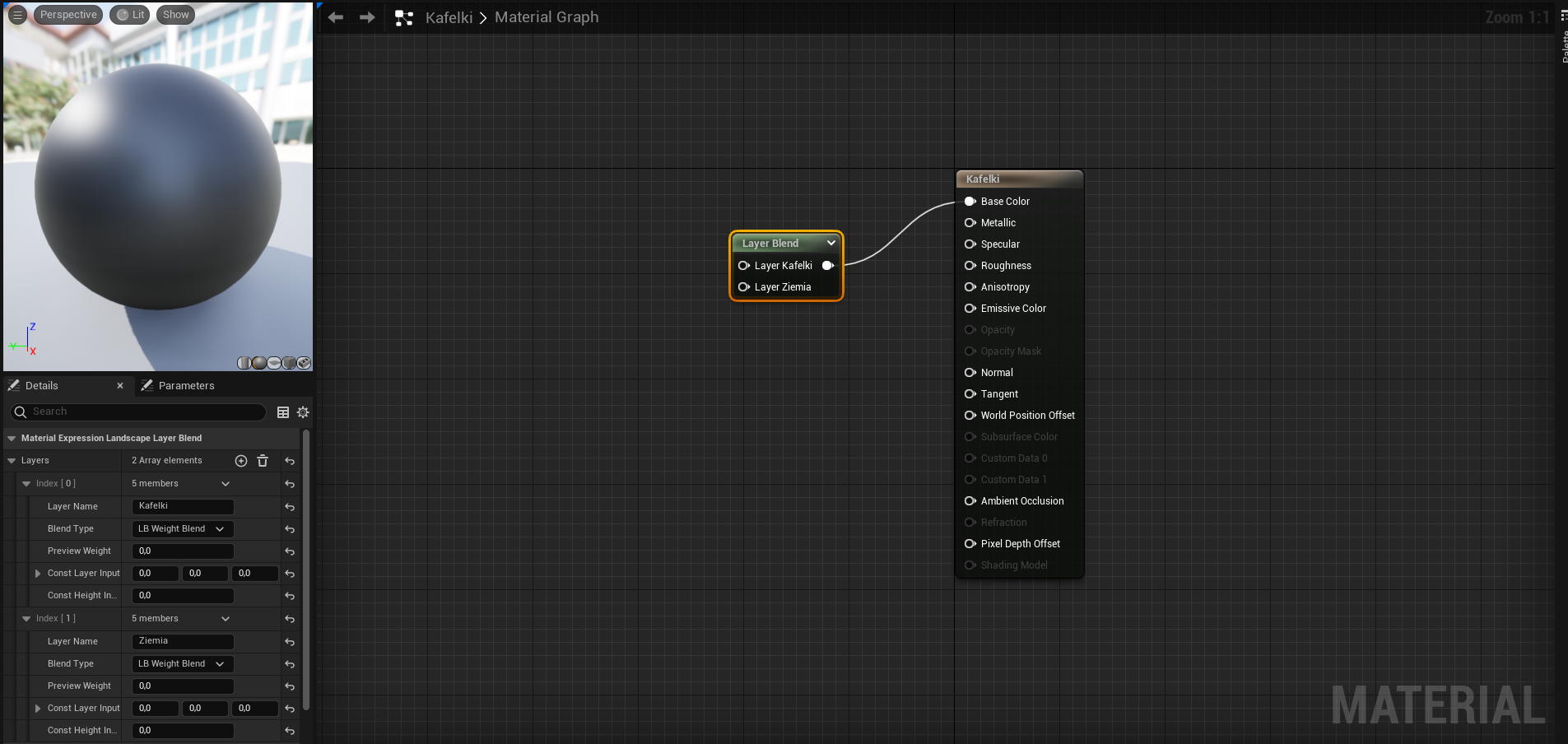 Ilustracja przedstawia zrzut ekranu - panel programu  Unreal Engine . W centralnej części znajduje się czarna przestrzeń w jasnoszarą, drobną kratkę. Pośrodku tej przestrzeni widoczna jest prostokątna lista zatytułowana Kafelki z opcjami:  Base Color, Metallic, Specular, Roughness, Anisotropy, Emissive Color, , wyszarzone opcje  Opacity, Opacity Mask , opcje  Normal, Tangent, World Position Offset , wyszarzone opcje  Subsurface Color, Custom Data 0, Custom Data ] , opcja  Ambient Occlusion , wyszarzona opcja  Refraction , opcja  Pixel Depth Offset  oraz wyszarzona opcja  Shading Model . Z listą łączy się druga, obwiedziona pomarańczową linią, prostokątna lista z tytułem  Layer Blend  i opcjami:  Layer  Kafelki i  Layer  Ziemia. Linia łącząca pola prowadzi od opcji  Layer  Kafelki do opcji  Base Color  na pierwszej liście.  Z lewej strony znajduje się menu programu, poczynając od góry: grafika z umiejscowioną na dziedzińcu zabudowanym z dwóch stron dużą, czarną kulą, a poniżej dwie zakładki:  Details  i  Parameters  i okienko z napisem:  Search . Poniżej, w kolejnych linijkach znajdują się opcje menu:  Material Expression Landscape Layer Blend , a poniżej  Layers: 2 Array elements  i symbolem plusa i kosza na śmieci,  Index [0]: 5 members, Layer Name:  Kafelki,  Blend Type: LB Weight Blend, Preview Weight: 0,0, Const Layer Input: 0,0, 0,0, 0,0, Const Height Input: 0,0, Index [1]: 5 members, Layer Name:  Ziemia,  Blend Type: LB Weight Blend, Preview Weight: 0,0, Const Layer Input: 0,0, 0,0, 0,0, Const Height Input: 0,0 .