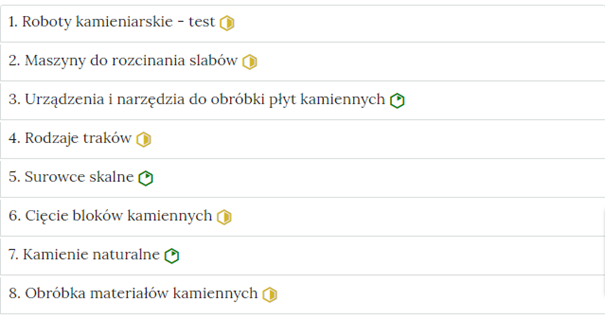 Grafika przedstawia przykładowy wygląd zakładek zawierających interaktywne materiały sprawdzające. Są one prostokątne i umieszczone jedna pod drugą. Każda zakładka ma numer oraz tytuł nawiązujący do ćwiczenia.