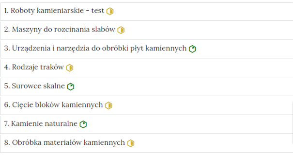 Grafika przedstawia przykładowy wygląd zakładek zawierających interaktywne materiały sprawdzające. Są one prostokątne i umieszczone jedna pod drugą. Każda zakładka ma numer oraz tytuł nawiązujący do ćwiczenia.