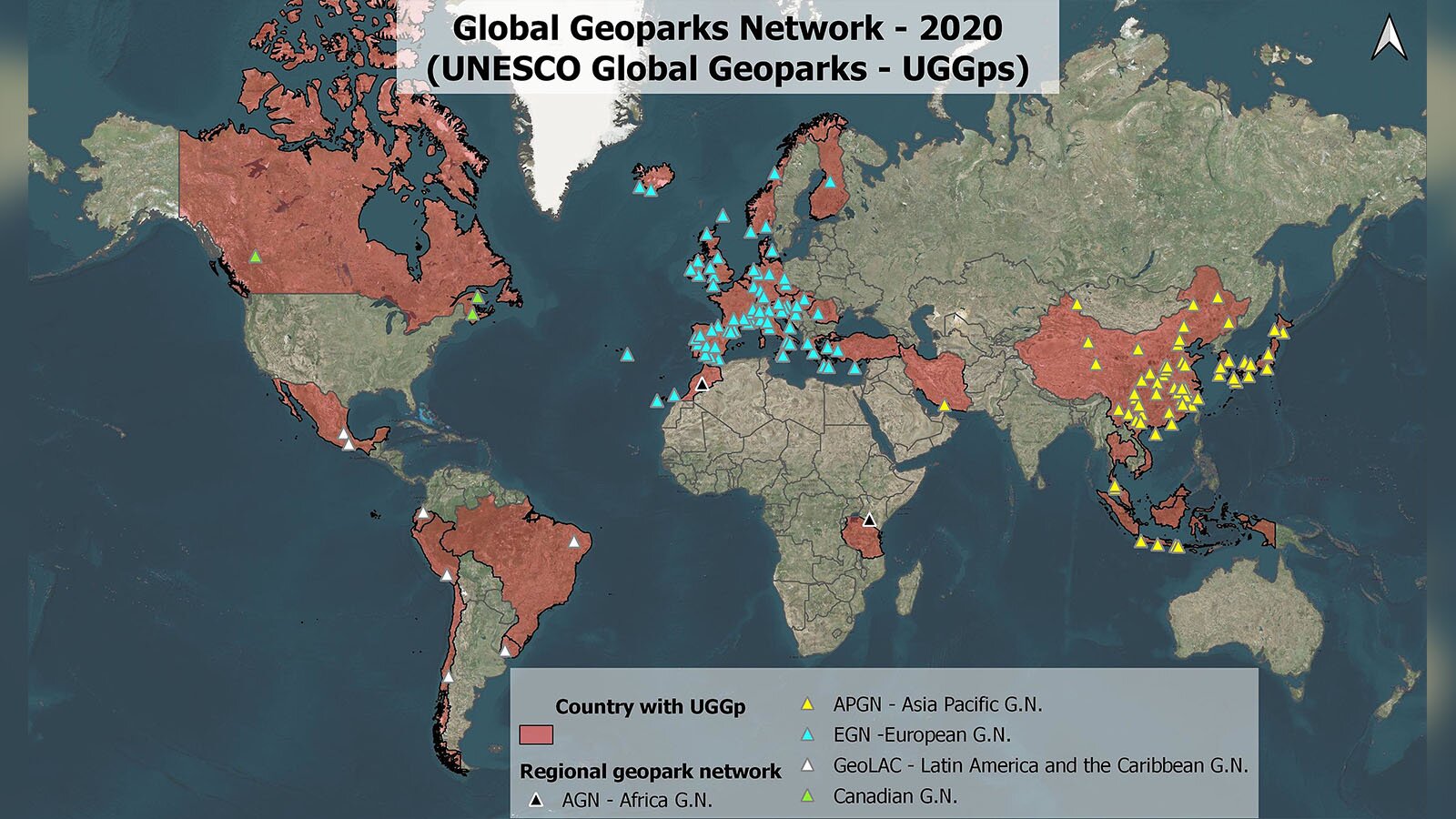 Grafika przedstawia mapę świata, na której oznaczono kraje w których są geoparki, a należą do nich: Kanada, Meksyk, Ekwador, Peru, Chile, Brazylia, Urugwaj, Maroko, Tanzania, Islandia, cała Europa zachodnia oraz środkowa, Turcja, Iran, Chiny, Tajlandia, Wietnam, Indonezja oraz Malezja. Najwięcej geoparków znajduje się w Europie i Chinach. 