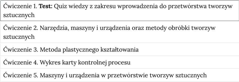 Grafika przedstawia widok ćwiczeń do wyboru, element interaktywnych materiałów sprawdzających. Każde ćwiczenie, tzn. numer ćwiczenia oraz jego nazwa umieszczone jest w prostokątnym bloku. Wszystkie ćwiczenia w blokach umieszczone są jeden pod drugim od numeru 1 do 5.