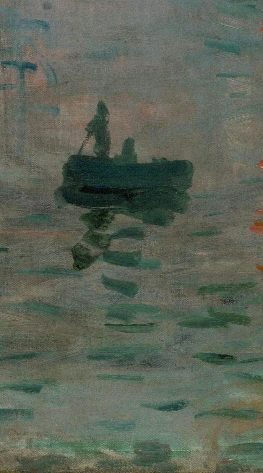 Ilustracja przedstawia fragment obrazu  Claude'a Moneta  [czytaj: kloda mone] pt. „Impresja, wschód słońca”. Centrum obrazu zajmuje łódź rybacka z dwoma pasażerami, jeden stoi z wiosłem, drugi siedzi. Obraz namalowano grubymi pociągnięciami pędzla, nie widać nieba, szczegółów łodzi i postaci, tylko wszechogarniającą wodę.