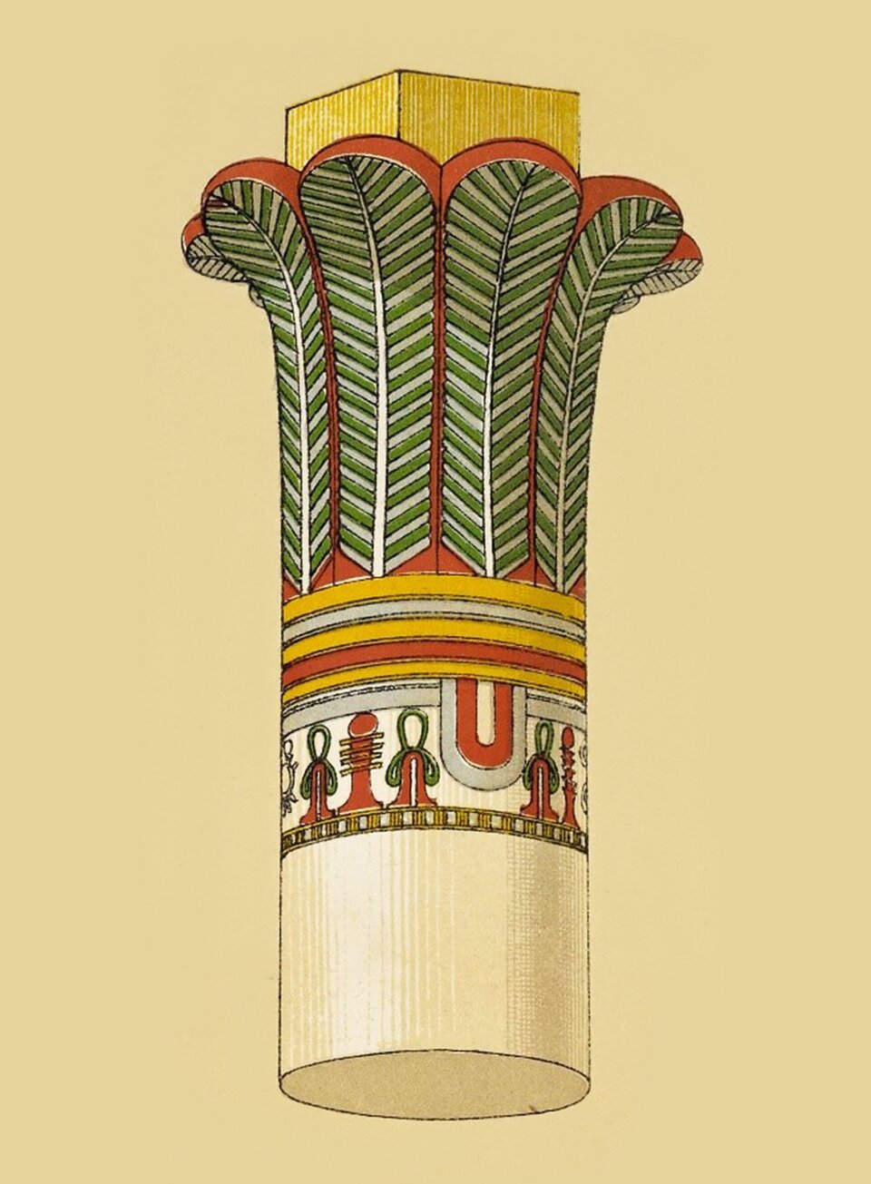 Ilustracja przedstawia głowicę kolumny w stylu palmowym. Głowica swoim kształtem nawiązuje do drzewa palmowego. Jest podzielona na cztery sekcje: od dołu - zielono‑czerwone figury, kształtem nawiązujące do ludzi,  nieco wyżej żółto‑czerwono‑białe poziome pasy. Nad pasami namalowano zielone liście palmy, szczyt zdobi pomarańczowa farba.