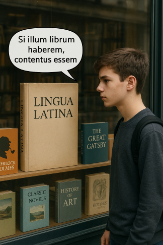 Ilustracja przedstawia nastoletniego chłopca, który stoi przed szybą wystawową księgarni. Wśród wielu książek, które stoją na półkach, jedna jest największa. Na jej okładce znajduje się napis LINGUA LATINA. Chłopiec jest zwrócony w stronę książki. Od jego głowy odchodzi dymek z napisem: Si illum librum haberem, contentus essem. 