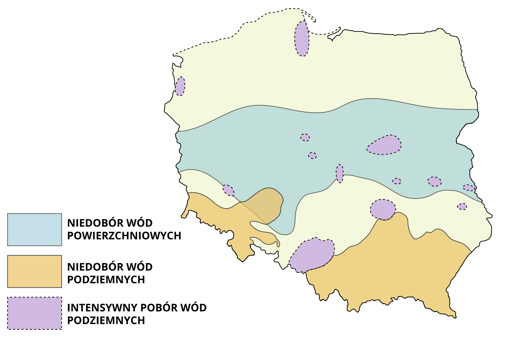 Mapę Polski pokazuje zaznaczone obszary naturalnego niedoboru wód. Na kolor niebieski oznaczono niedobory wód powierzchniowych. Jest to pas ciągnący się od zachodniej, przez środkową, aż do wschodniej Polski. Obejmuje on również północną część Dolnego Śląska. Na żółto zaznaczono obszar niedoboru wód podziemnych. Jest to obszar w południowo-zachodniej Polsce oraz cała południowo-wschodnia Polska, czyli Małopolska, część Śląska, Podkarpacie oraz województwo świętokrzyskie. Kolorem fioletowym są oznaczone obszary intensywnego poboru wód podziemnych. Jest to Śląsk, niewielkie obszary w środkowej Polsce oraz na Lubelszczyźnie, obszar Warszawy, niewielki obszar na Dolnym Śląsku i w okolicach Szczecina. Ostatnim takim miejscem jest wybrzeże Morza Bałtyckiego w okolicach Gdańska.