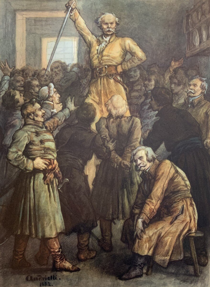 Obraz przedstawia wnętrze pokoju. Pośrodku niego, na podwyższeniu stoi starszy mężczyzna w kontuszu, z szablą w dłoni. Otaczają go inni mężczyźni.