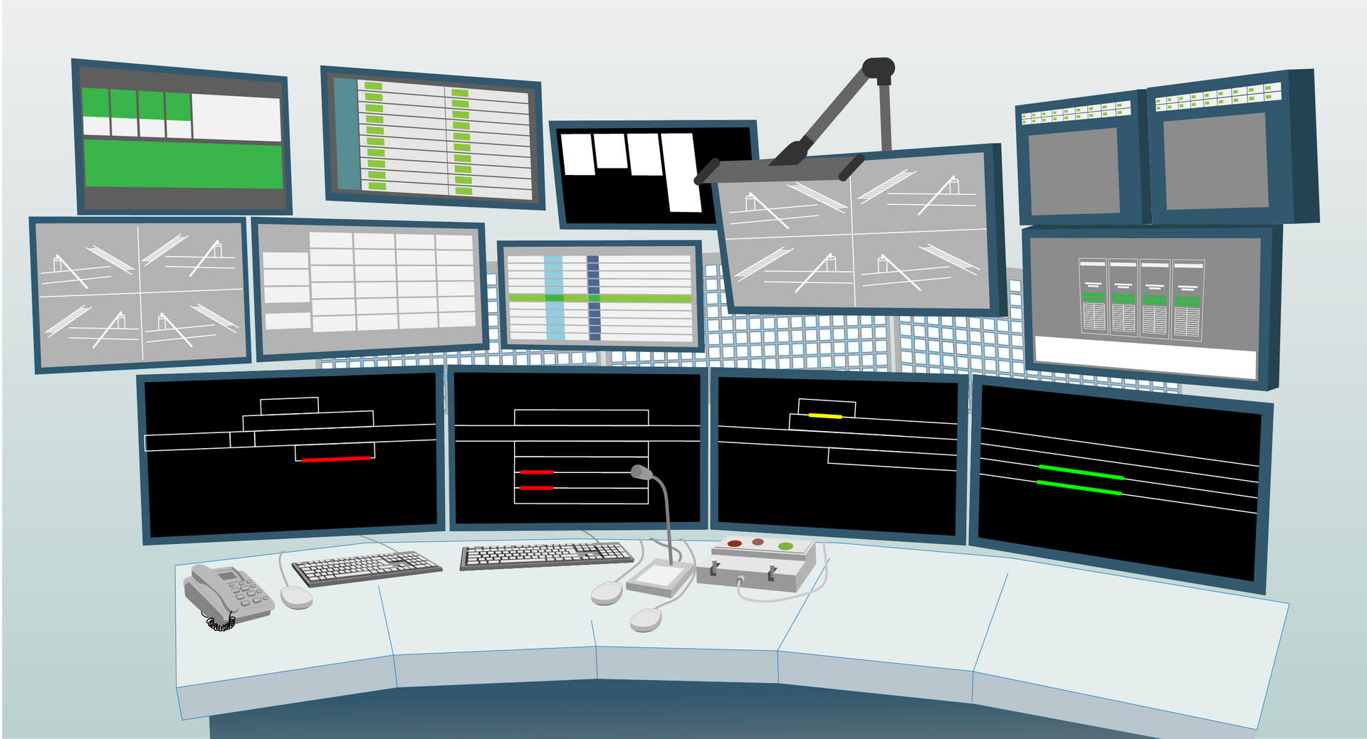 Grafika przedstawia stanowisko dyżurnego ruchu. Na grafice widać biurko, na którym umieszczono klawiatury, telefon oraz mikrofon. Nad biurkiem znajduje się kilkanaście monitorów, na których wyświetlają się różnego rodzaju informacje.