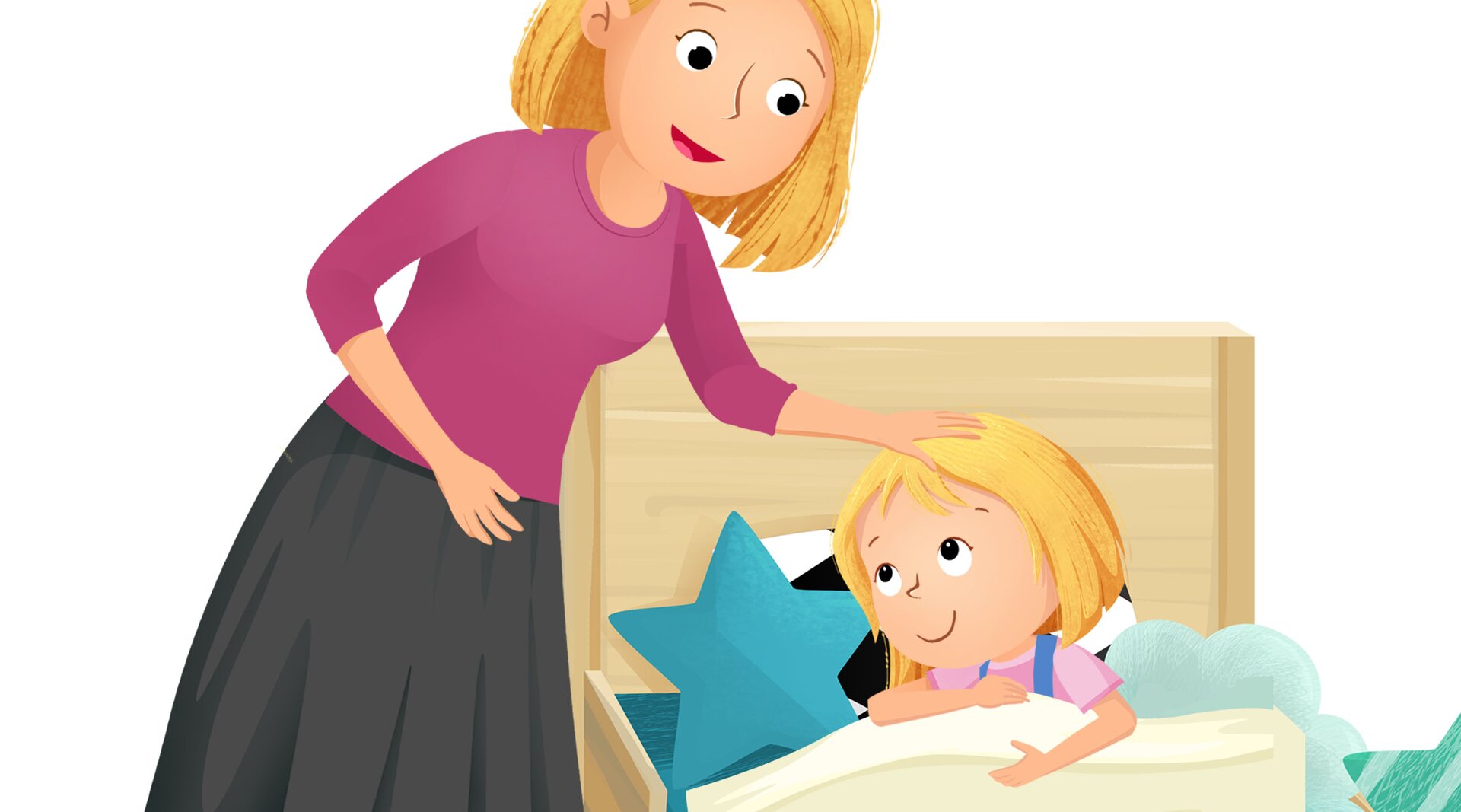 Na ilustracji znajduje się mama usypiająca dziecko.