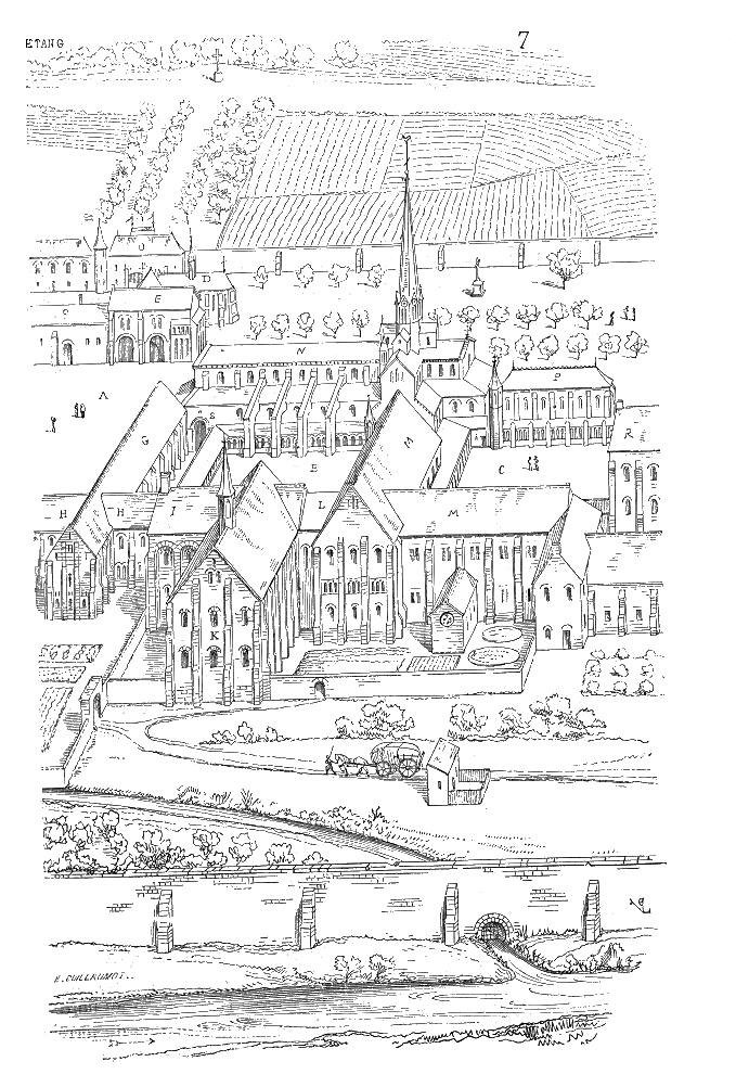 Ilustracja przedstawia szkic klasztoru i terenów przyklasztornych widzianych z lotu ptaka. W skład kompleksu klasztornego otoczonego murem, wchodzi klasztor z wysoką, strzelistą wieżą, pola uprawne, sady, ogrody i budynki o przeznaczeniu gospodarczym.