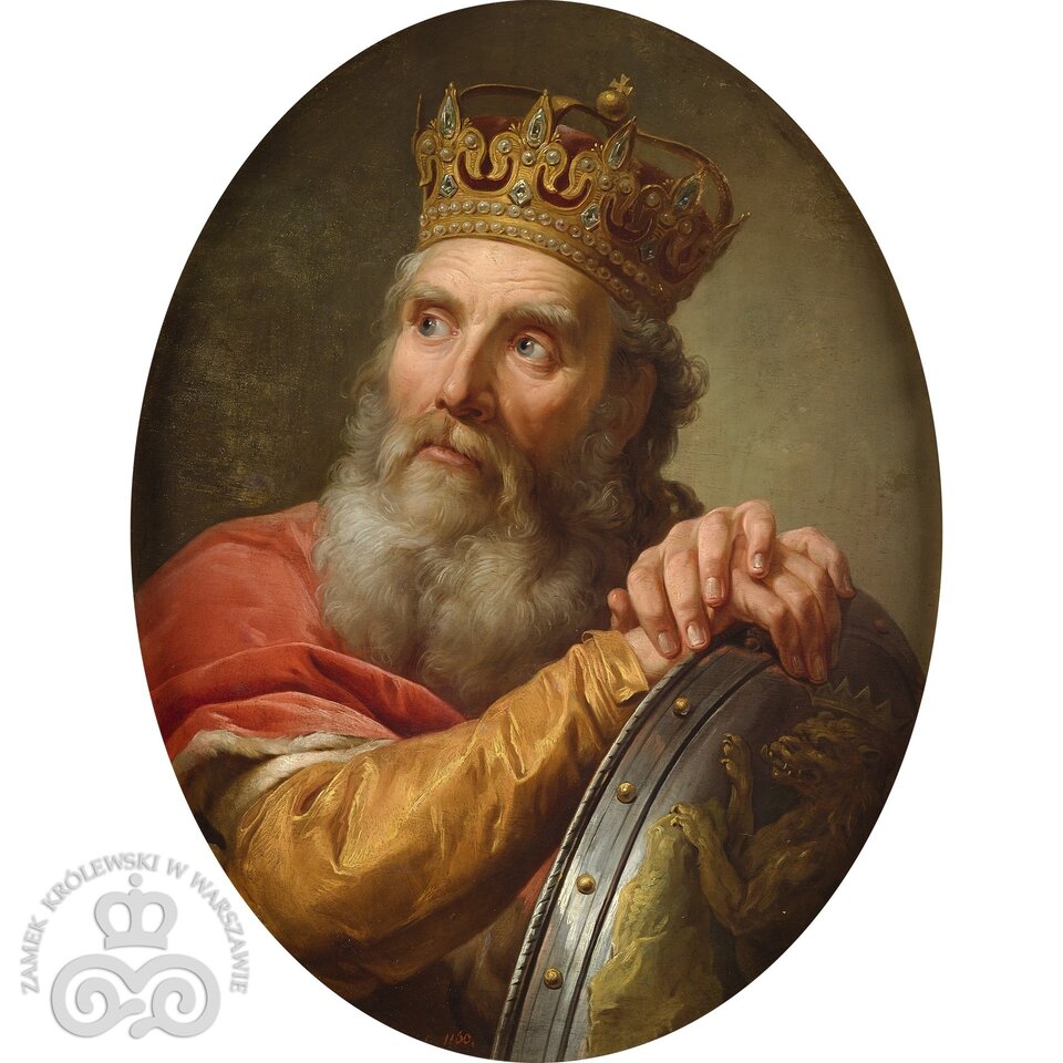 Ilustracja przedstawia portret autorstwa Marcella Bacciarellego. Jest to ujęta w owalu podobizna, ukazująca Kazimierza Wielkiego. Król z długą siwą brodą i koroną na głowie opiera skrzyżowane dłonie na tarczy. Głowę ma zwróconą w lewą stronę i ubrany jest w złocistą szatę, na którą nałożony jest czerwony płaszcz. Tło portretu jest w odcieniu ziemistej zieleni. 