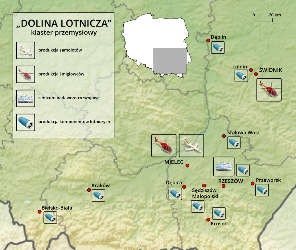 Na mapie Polski zaznaczono Dolinę Lotniczą (klaster przemysłowy), leżącą na południu Polski. W jej skład wchodzą następujące ośrodki: produkcja komponentów lotniczych - Bielsko‑Biała, Kraków, Przeworsk, Dębica, Sędziszów Małopolski, Krosno, Stalowa Wola, Rzeszów, Lublin, Dęblin; produkcja samolotów - Mielec; produkcja śmigłowców - Mielec, Świdnik; centrum badawczo‑rozwojowe - Rzeszów.  