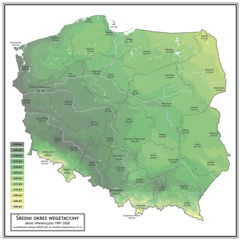 Mapa przedstawia średnią długość okresu wegetacyjnego w Polsce w latach 1991–2020, na podstawie danych IMGW. Mapa wykorzystuje gradację kolorów od ciemnej zieleni (najdłuższy okres wegetacyjny, powyżej 250 dni) po jasne odcienie żółci (najkrótszy, poniżej 200 dni). Obszary o najdłuższym okresie wegetacyjnym (250 dni i więcej) zaznaczono ciemnozielonym kolorem, występują głównie na zachodzie kraju. Im krótszy okres wegetacyjny, tym jaśniejszy odcień zieleni, przechodzący w żółcień – najkrótszy (200 dni i mniej) znajduje się w górach i na północno‑wschodnich krańcach Polski.
Na mapie oznaczono również nazwy większych miast wraz z liczbą dni okresu wegetacyjnego. 
