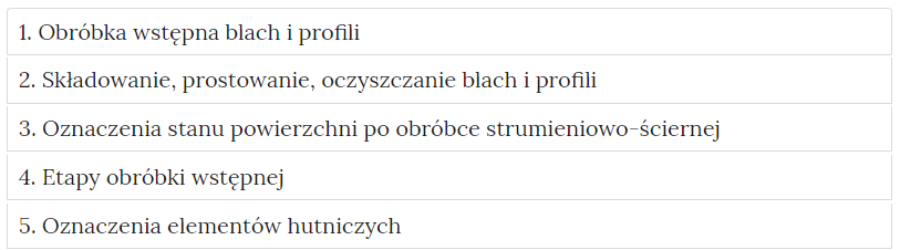Zdjęcie przedstawia przykładowy wygląd zakładek zawierających interaktywne materiały sprawdzające. Składają się one z prostokątnych paneli umieszczonych jeden pod drugim. Każdy panel posiada numer oraz tytuł, który nawiązuje do zawartego w nim zadania.