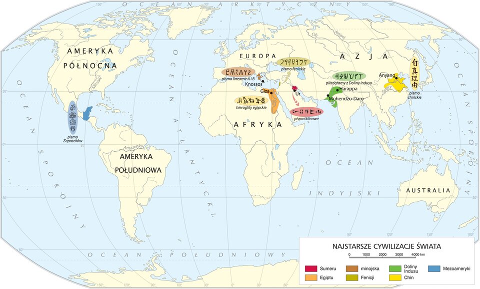 Mapa przedstawia najstarsze cywilizacje świata. Zaznaczona jest cywilizacja Sumeru z w południowej części Mezopotamii (dzisiaj południowy Irak) z zaznaczonym miastem Ur i informacją, że tam powstało pismo klinowe. Cywilizacja Egiptu położona w północno‑wschodniej Afryce w dolinie i delcie Nilu z zaznaczonym miastem Giza. Tam powstały hieroglify egipskie. Kolejna to cywilizacja minojska zajmująca obszar Morza Śródziemnego i współczesne wyspy greckie. Na mapie zostało zaznaczone miasto Knossos i informacja, że powstało tam pismo linearne A i B. Kolejna to cywilizacja Fenicji, która znajdowała się na wschodnim wybrzeżu Morza Śródziemnego, obejmując tereny dzisiejszego Libanu, zachodniej Syrii i północnego Izraela. Tam powstało pismo fenickie. Kolejna to cywilizacja Doliny Indusu z miastami Harappa i Mohendżo‑Daro, leżąca na obszarze subkontynentu indyjskiego. Tam powstały piktogramy z Doliny Indusu. Kolejna to cywilizacja Chin z miastem Anyang i pismem chińskim na obszarze delty rzeki Jangcy. Ostatnia to cywilizacja Mezoameryki zajmującej teren od środkowego Meksyku po Przesmyk Panamski. Tam powstało pismo Zapoteków. 