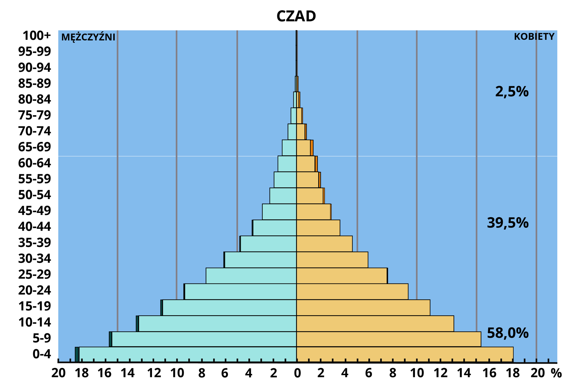 Na ilustracji jest piramida wieku i płci. Dotyczy Czadu. Jest szeroka na dole i sukcesywnie zwęża się ku górze. Od zera do 44. roku życia (bez przedziału 25‑29 lat) nieznaczna przewaga mężczyzn nad kobietami, w starszym wieku jest odwrotnie. Najwięcej jest osób od narodzin do 19 lat. Stanowią 58%. 39,5% to osoby w przedziale wiekowym od  20 do 64 lat. Osoby powyżej 65. roku życia stanowią 2,5%. 
