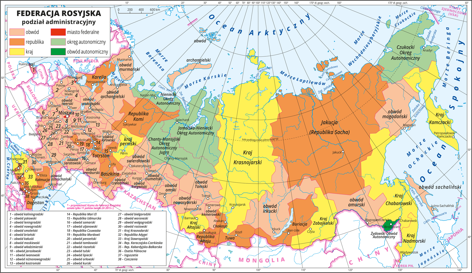 Ilustracja przedstawia mapę polityczną Federacji Rosyjskiej z podziałem na jednostki administracyjne. Kolorami wyróżniono następujące jednostki : obwody (44) , republiki (22), kraje (9), miasta federalne (3), okręgi autonomiczne (4), obwód autonomiczny (1). Na mapie opisano ich nazwy, a w części zachodniej, gdzie jednostek jest najwięcej i zajmują małe obszary opisano je numerami, które objaśniono w legendzie. W centrum i na wschodzie poszczególne jednostki administracyjne mają rozległe obszary. Białymi kropkami oznaczono główne miasta i opisano je. Mapa pokryta jest równoleżnikami i południkami. Dookoła mapy w białej ramce opisano współrzędne geograficzne co dwa stopnie.