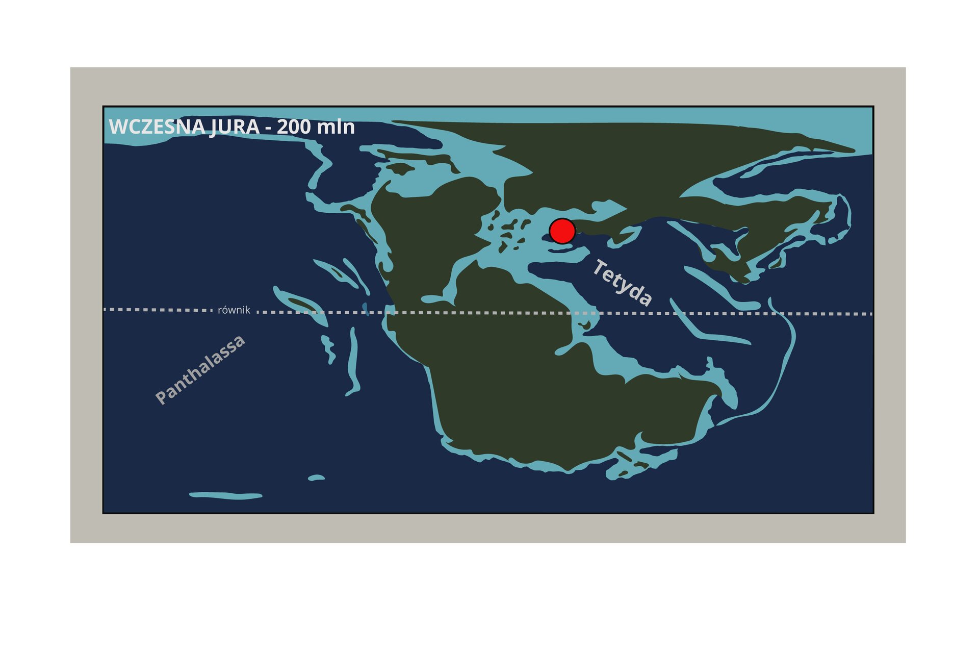 Grafika przedstawia fragment układu kontynentów w okresie ery wczesna jura dwieście milionów lat temu w okolicach równika. Oznaczony jest Ocean Panthalassa. Brzeg lądu ma wyraźnie zaznaczoną zatokę opisana jako Tetyda. Na krańcach pewnego lądu na zachodzie jest czerwona kropka. 