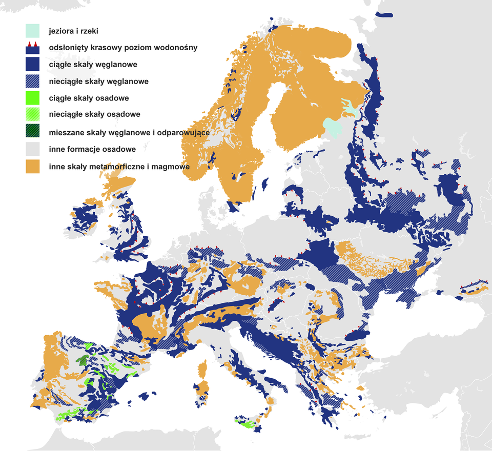 Mapa prezentuje występowania skał węglanowych na terenie Europy.  Ciągłe skały węglanowe występują na terenie: Irlandii, Wielkiej Brytanii, środkowe Włochy, wschodnia Hiszpania, Francja, Szwajcaria, Austria, Słowenia, Chorwacja, Bośnia i Hercegowina, Albania, południe Grecji, Białoruś, Ukraina, wschodnia część Rosji.  Nieciągłe skały węglanowe: wschodnia Hiszpania, południe Francji, Niemcy, Czechy, południe Polski, Ukraina, południowa część Rosji, południe Grecji. Ciągłe i nieciągłe skały osadowe: Hiszpania i Sycylia. Odsłonięty krasowy poziom wodonośny występuje między innymi na południu Wielkiej Brytanii, na południu Polski, na północy Francji, we wschodniej części Rosji. Inne skały metamorficzne i magmowe występują między innymi na całym obszarze Norwegii, Szwecji, Finlandii, części Rosji z Półwyspem Kolskim, w północnej części Wielkiej Brytanii i Irlandii, w zachodniej Hiszpanii, w południowej Francji, w południowo‑zachodniej Ukrainie.