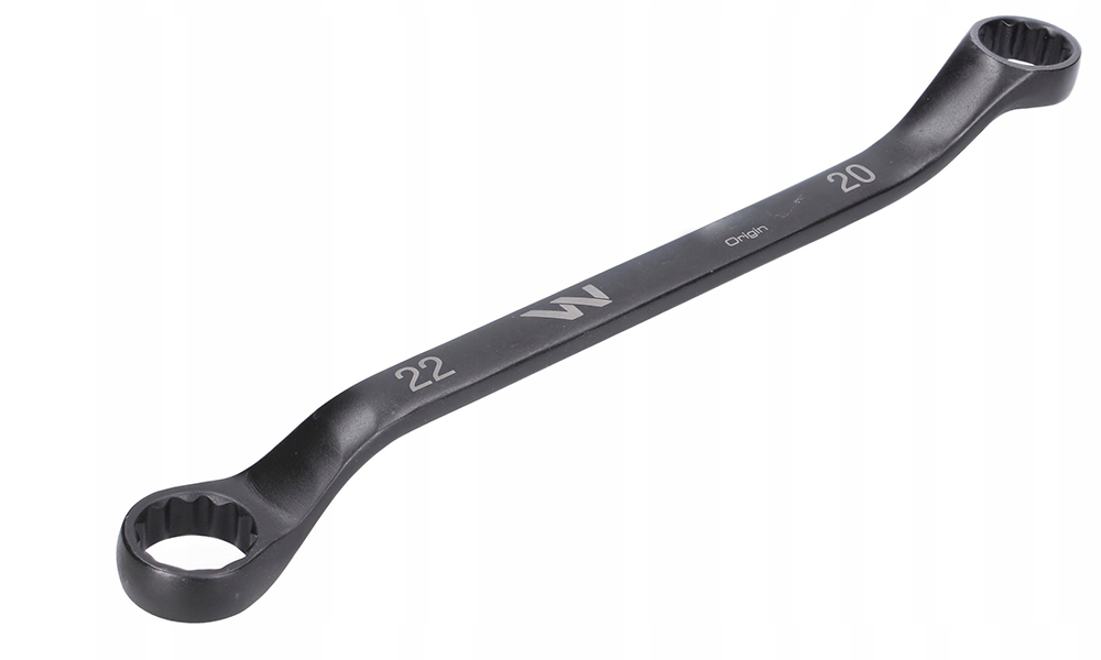 Zdjęcie przedstawia klucz oczkowy osadzony. Na jego końcach znajdują się otwory na łebki śruby, są one lekko wygięte pod niewielkim kątem względem rękojeści.