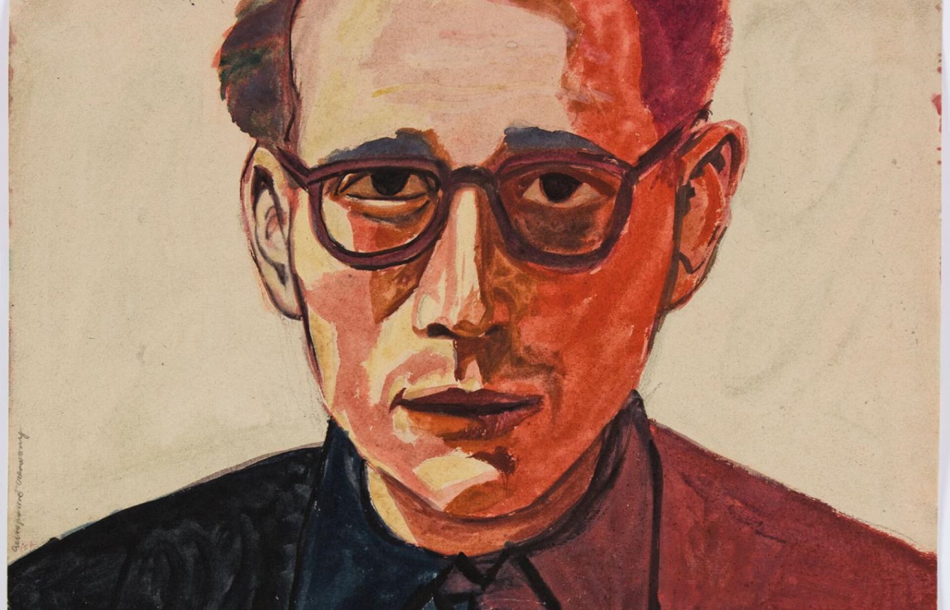 Obraz przedstawia Andrzeja Wróblewskiego, który namalował siebie jako mężczyznę w średnim wieku o średniej długości włosach i zamyślonym wyrazie twarzy. Na obrazie została ujęta głowa, ucięta na wysokości czoła oraz górna część ramion. Wróblewski ma duże oczy, patrzące wprost na widza oraz lekko uchylone usta. Na jego nosie widoczne są okulary w grubych oprawkach. Jego lewe ucho odstaje bardziej od prawego. Wróblewski ubrany jest w ciemną marynarkę, która z prawej strony zmienia kolor na czerwony. Spowodowane jest to światłem, które pada na mężczyznę z lewej strony obrazu.