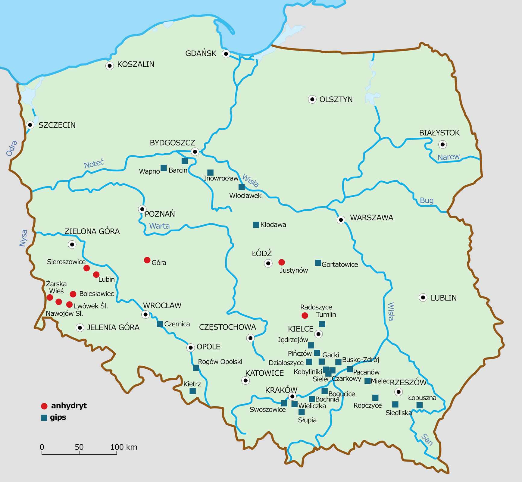 Mapa Polski, na której przedstawiono rozmieszczenie złóż gipsu i anhydrytu na terenie Polski. Złoża anhydrytu (reprezentowane są czerwoną kropką), a gipsu (niebieskim kwadratem). Złoża anhydrytu występują na obszarze rozciągającym się pomiędzy Zieloną Górą a Jelenią Górą,  w takich miejscowościach, jak: Żarska Wieś, Nawojów, Lwówek Śląski, Bolesławiec, Lubin, Sieroszowice, Góra, Justynów, Radoszyce. Złoża gipsu występują wzdłuż Wisły, mniej więcej od okolic Krakowa, gdzie skupiska złóż są największe po Bydgoszcz, w miejscowościach: Wapno, Barcin, Inowrocław, Kłodawa, Gortatowice, Czernica, Rogów Opolski, Kietrz, Tumlin, Jędrzejów, Pińczów, Gacki, Busko‑Zdrój, Działoszyce, Kobylinki, Sielec, Pacanów, Czarkowy, Mielec, Bogucice, Bochnia, Wieliczka, Swoszowice, Słupia, Ropczyce, Siedliska, Łopuszna.