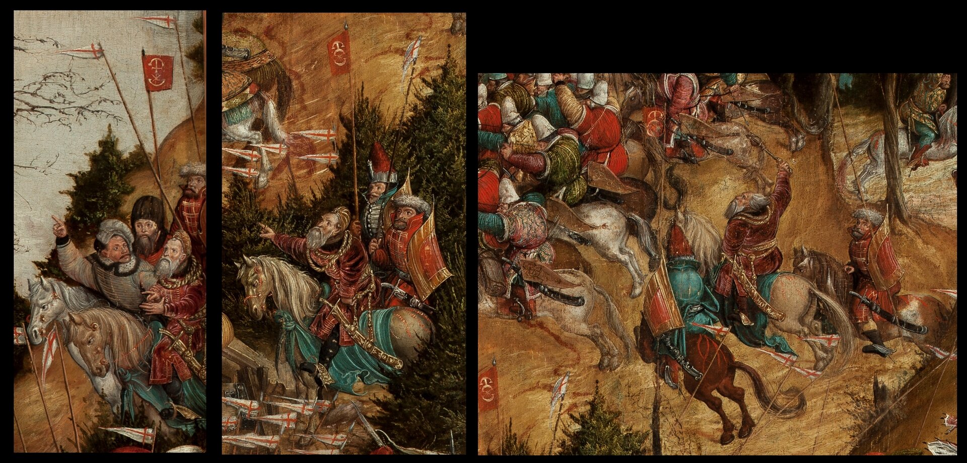 Kliknij, aby powiększyć Obraz jest podzielony na trzy części. W pierwszej, znajdującej się z lewej strony, mężczyźni w kolorowych szatach na koniach, jeden z nich pokazuje kierunek. W drugiej, znajdującej się w centralnej części obrazu, zza drzew wychodzą mężczyźni w kolorowych szatach siedzący na koniach. W dłoniach trzymają wysokie pale z powiewającymi flagami. Na trzeciej części obrazu konie w pędzie, a na nich żołnierze z wyciągniętymi przed siebie mieczami.