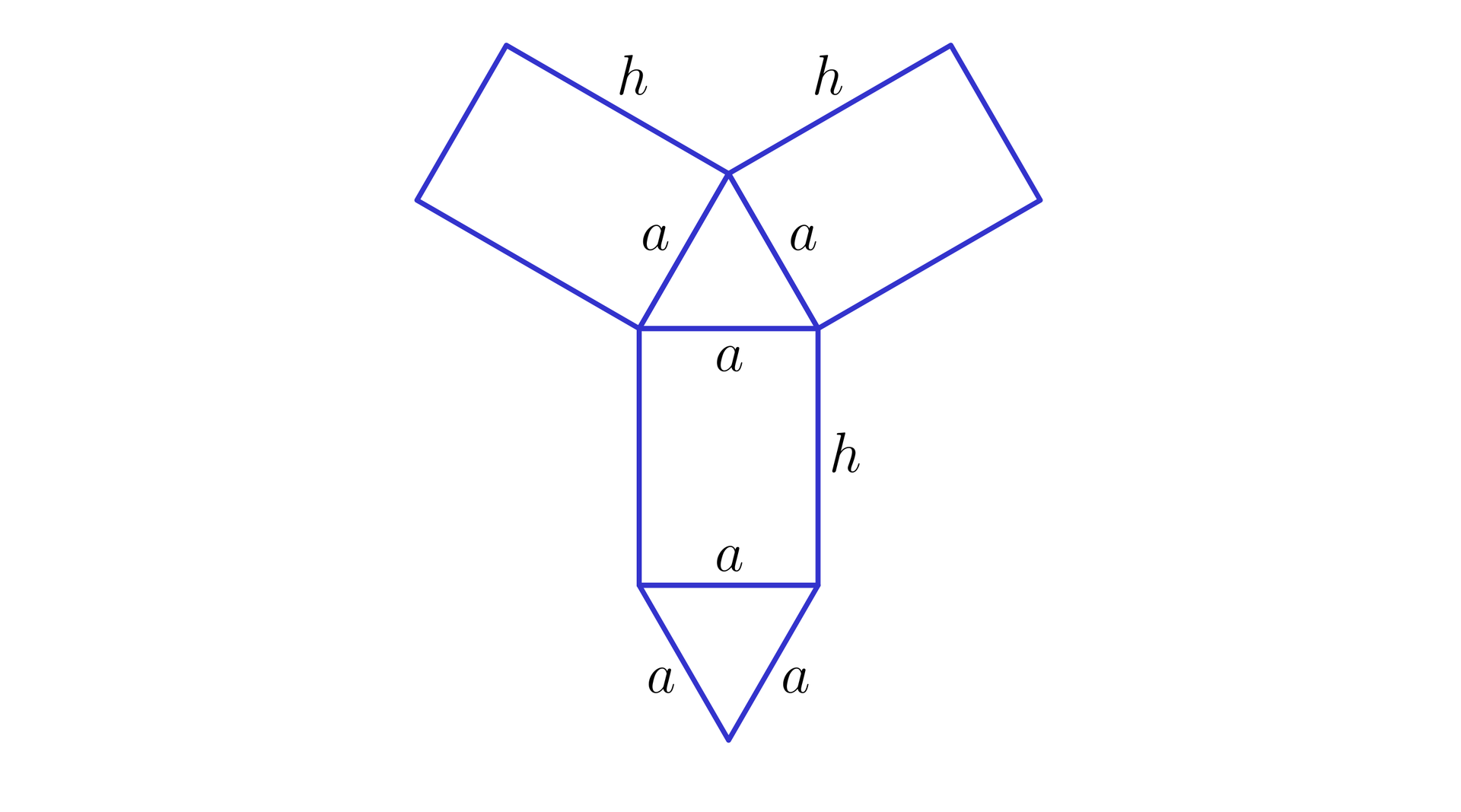 Na ilustracji przedstawiono siatkę graniastosłupa prawidłowego trójkątnego, która wygląda następująco. Na każdym boku trójkąta równobocznego długości a, zbudowano prostokąt o bokach długości a i h. Na krótszym boku jednego z prostokątów zbudowano kolejny trójkąt równoboczny o boku długości a.