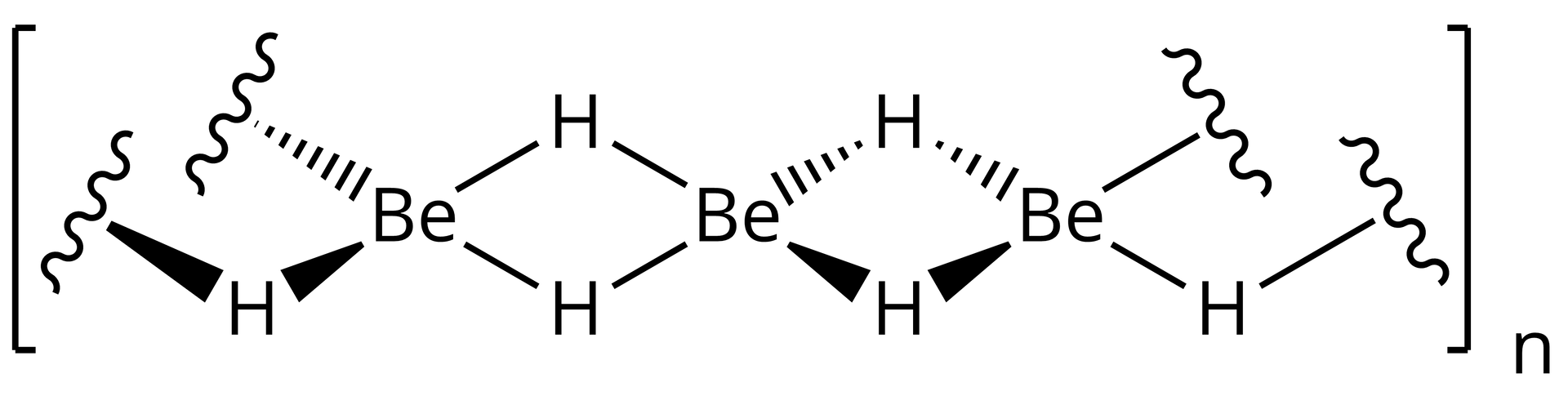 Ilustracja przedstawia sieć przestrzenną wodorku berylu. Jeden atom berylu jest połączony z czterema atomami wodoru. Dwa z nich są umieszczone w płaszczyźnie rysunku, a dwa kolejne są oznaczone w taki sposób, który sugeruje że jeden z nich znajduje się przed a drugi za płaszczyzną ilustracji. Przedstawiono jedynie fragment sieci, obejmujący jedynie trzy atomy berylu. Ten fragment został objęty nawiasem kwadratowym, za którym w nawiasie dolnym umieszczono literę n.