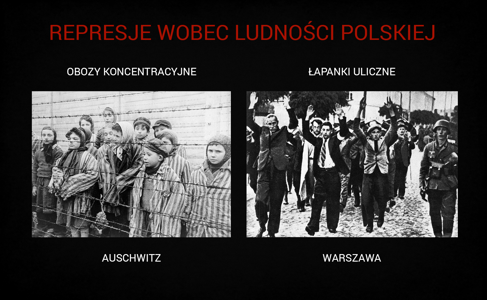 Plansza o tytule „Represje wobec ludności polskiej” składa się z dwóch ilustracji. Po lewej stronie planszy umieszczono podpisane zdjęcie osadzonych w obozie koncentracyjnym w Auschwitz [czyt.: auszwic] dzieci. Ubrane są one w za duże na nich obozowe pasiaki. Mają czapki lub chusty na głowie. Znajdują się za obozowymi drutami pod napięciem. Po prawej stronie planszy jest fotografia z łapanki ulicznej w Warszawie. Na zdjęciu widać idących w eskorcie niemieckich żołnierzy schwytanych na ulicy mężczyzn. Ubrani są w garnitury lub marynarki, koszule z krawatami i noszą na głowach kapelusze. Wszyscy idą z podniesionymi do góry rękami. Idący z przodu po prawej stronie zdjęcia żołnierz niemiecki ma mundur wojskowy, hełm na głowie i broń przewieszoną przez ramię. 