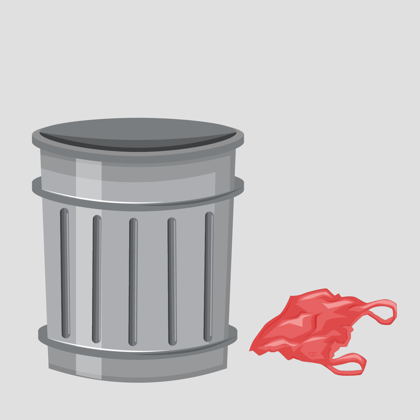 Ilustracja ukazuje kosz na śmieci a obok leży plastikowa reklamówka. 