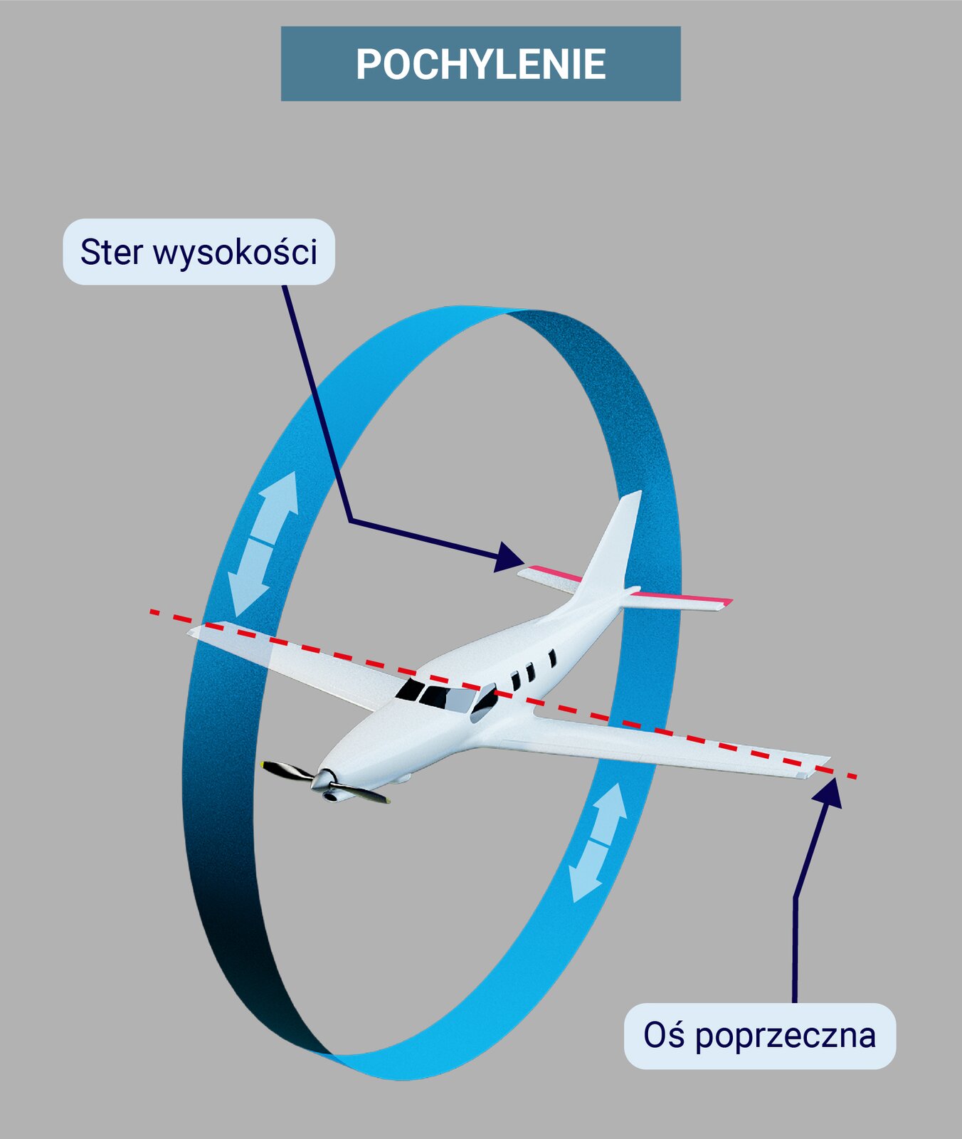 Ilustracja przedstawia pochylenie, to jest ruch samolotu wokół osi poprzecznej. Oś zaznaczono wzdłuż skrzydeł. Wokół samolotu w płaszczyźnie pionowej zakreślono obręcz, której środek znajduje się w środku ciężkości samolotu. Obręcz ta obejmuje przód oraz tył samolotu. Na jej obwodzie naniesiono strzałki. Lotki zlokalizowane na ogonie poruszają się w górę i w dół, powodując wychylenie się samolotu odpowiednio jego przodu w górę, a tyłu w dół względem osi poprzecznej lub przodu w dół, a tyłu w górę.