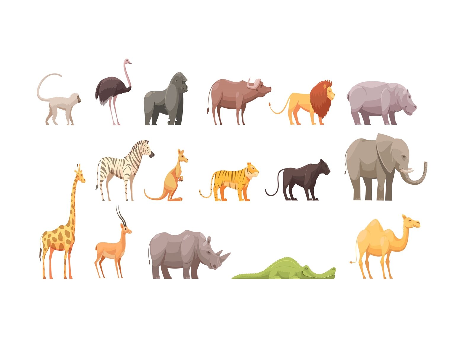 Ilustracja przedstawia rysunki zwierząt, które możemy spotkać w Afryce. Widoczne są: małpa, struś, orangutan, bawół, hipopotam, zebra, kangur, tygrys, puma, słoń, żyrafa, antylopa, nosorożec, krokodyl i wielbłąd. Najtrudniejsze do wytropienia i najbardziej niebezpieczne zwierzęta.