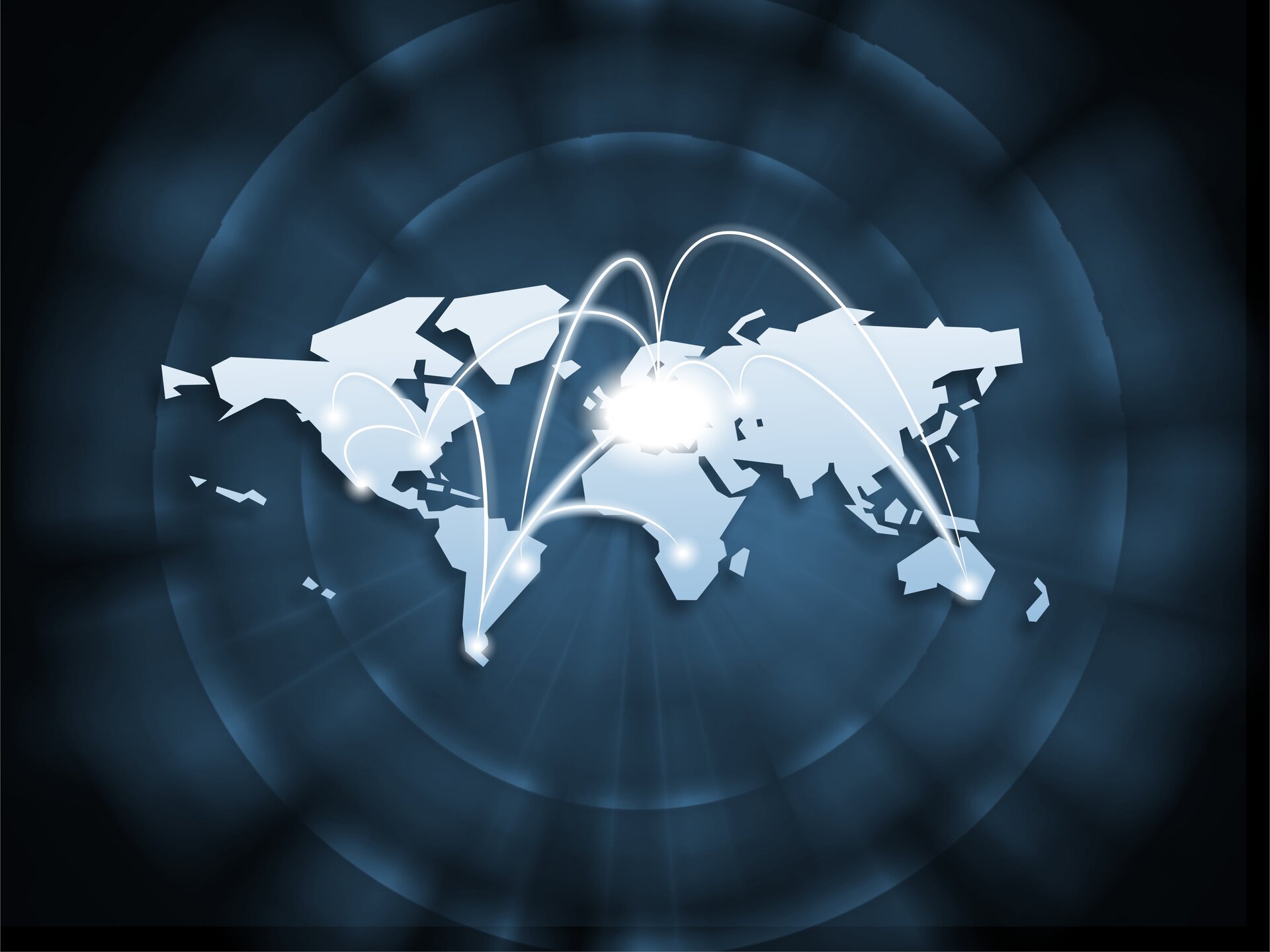 Biznes na świecie  - na ilustracji mapa świata na granatowym tle, na mapie naniesione podświetlone punkty i linie łączące różne miejsca na świecie
