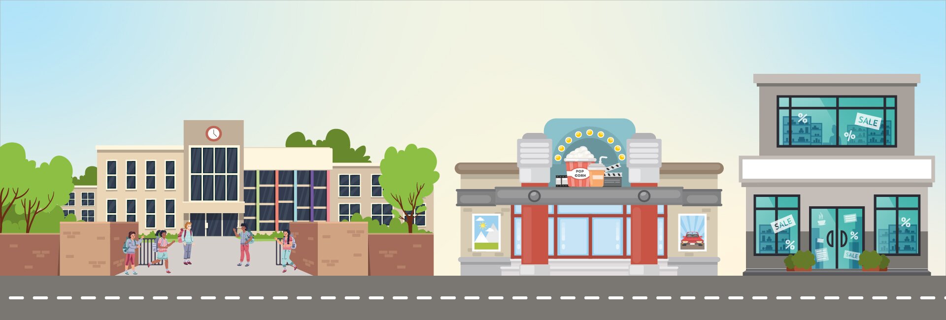 Ilustracja przedstawia długą drogę. Przy drodze znajduje się szkoła, budynek kina oraz sklep. Szkoła znajduje się obok kina. Kino znajduje się obok sklepu. 