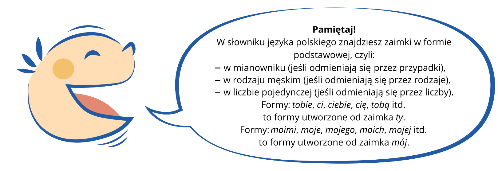Ilustracja przedstawiająca uśmiechniętą buzię dziecka z zadartym nosem i rumieńcem. Na prawo od niej dymek, w którym umieszczono informacje: Pamiętaj! W słowniku języka polskiego znajdziesz zaimki w formie podstawowej, czyli w mianowniku (jeśli odmieniają się przez przypadki), w rodzaju męskim (jeśli odmieniają się przez rodzaje) i w liczbie pojedynczej (jeśli odmieniają się przez liczby). Formy: tobie, ci, ciebie, tobą itd. to formy utworzone od zaimka ty. Formy: moimi, moje, mojego, moich, mojej itd. to formy utworzone od zaimka mój.