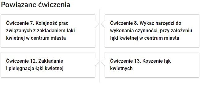 Widok przykładowego przycisku ćwiczeń powiązanych z danym multimedium. Na samej górze umieszczony jest nagłówek: Powiązane ćwiczenia. Pod nim znajduje się pionowa oś czasu. Składa się z czterech kafelków. Dwa umieszczone są po lewej stronie osi, natomiast dwa pozostałe po prawej. W kafelkach zamieszczona została informacja na temat numeru powiązanego ćwiczenia, a także jego tytułu. Pierwszy kafelek zawiera napis: Ćwiczenie 7. Kolejność pracy związanych z zakładaniem łąki kwietnej w centrum miasta. Drugi kafelek zawiera napis: Ćwiczenie 8. Wykaz narzędzi do wykonania czynności, przy założeniu łąki kwietnej w centrum miasta. Trzeci kafelek zawiera napis: Ćwiczenie 12. Zakładanie i pielęgnacja łąki kwietnej. Czwarty kafelek zawiera napis: Ćwiczenie 13. Koszenie łąk kwietnych. 