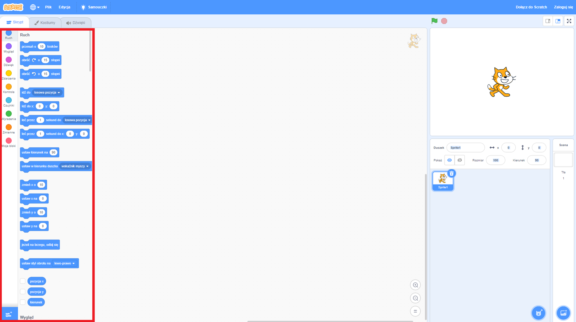 Zrzut okna środowiska Scratch z zaznaczonymi po lewej stronie blokami oraz kategoriami. Dzięki zakładkom - kategoriom, można szybko filtrować typy bloków jaki aktualnie potrzebujemy do stworzenia skryptu.