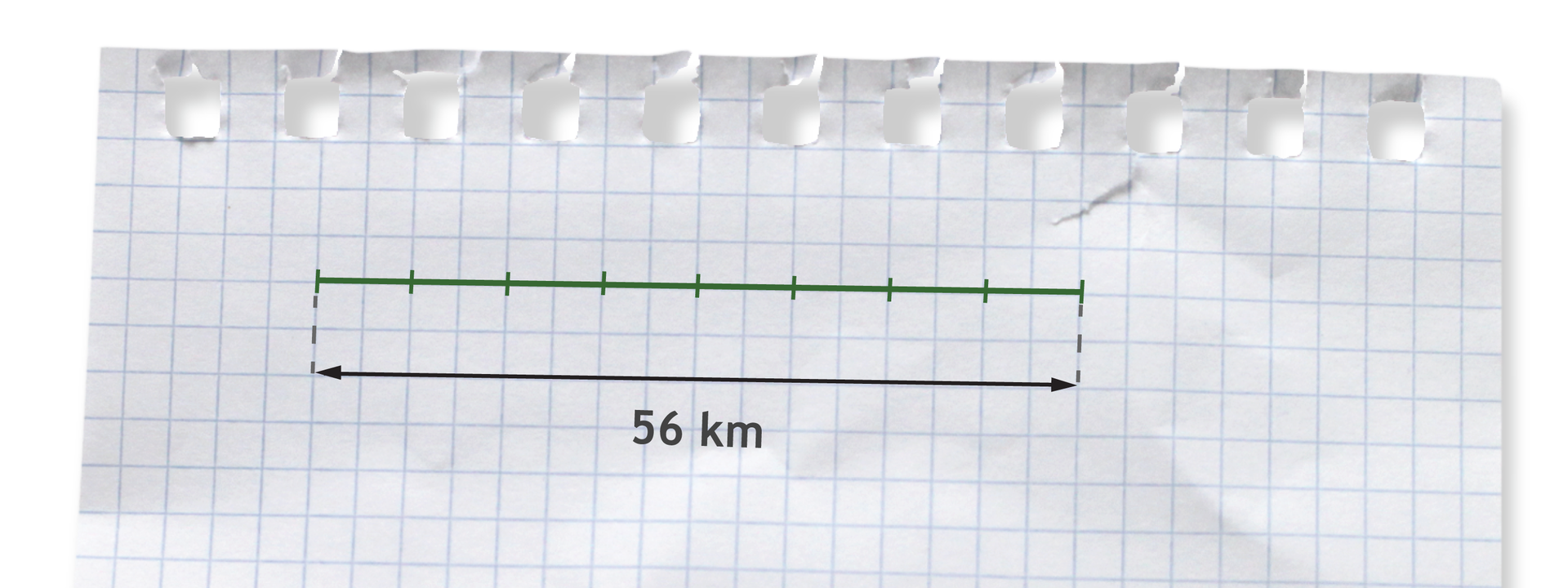 Rysunek odcinka podzielonego na 8 równych części. Długość odcinka 56 kilometrów.