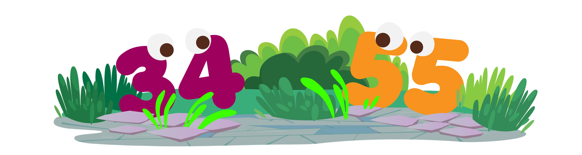 Ilustracja przedstawia kamienistą ścieżkę biegnącą przy pasie zieleni porośniętym wysokimi trawami i niewielkimi krzewami. Po lewej stronie stoi bordowa liczba trzydzieści cztery z oczami, którymi patrzy na stojącą po prawej stronie pomarańczową liczbę pięćdziesiąt pięć. Liczba pięćdziesiąt pięć patrzy z kolei na liczbę trzydzieści cztery.