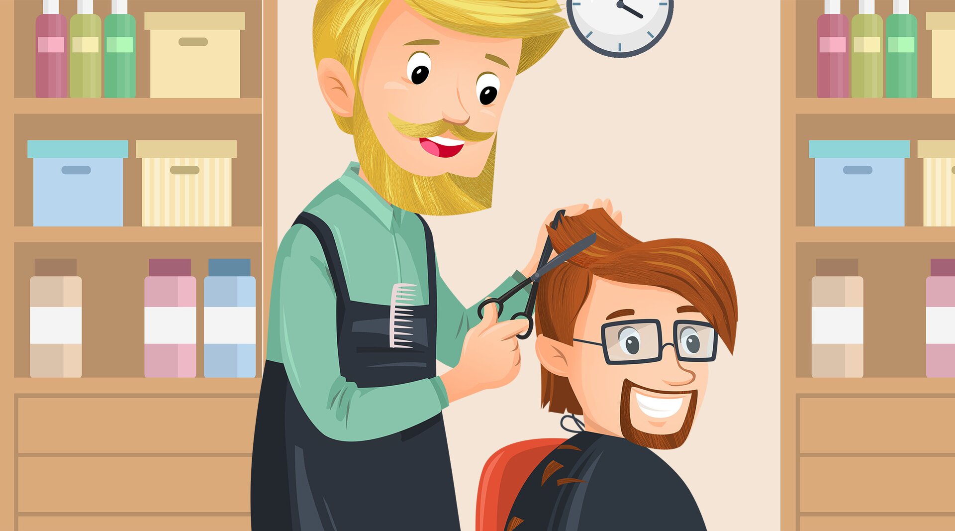 Na ilustracji znajduje się fryzjer, który obcina włosy siedzącemu na krześle mężczyźnie.