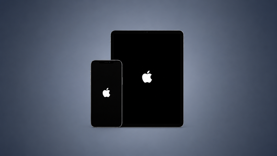 Na zdjęciu znajduje się ekran powitalny dla systemu operacyjnego iOS/iPadOS. Na szarym tle po środku znajduje się logo Apple, poniżej znajduje się pasek ładowania wypełniający się przy uruchamianiu systemu.