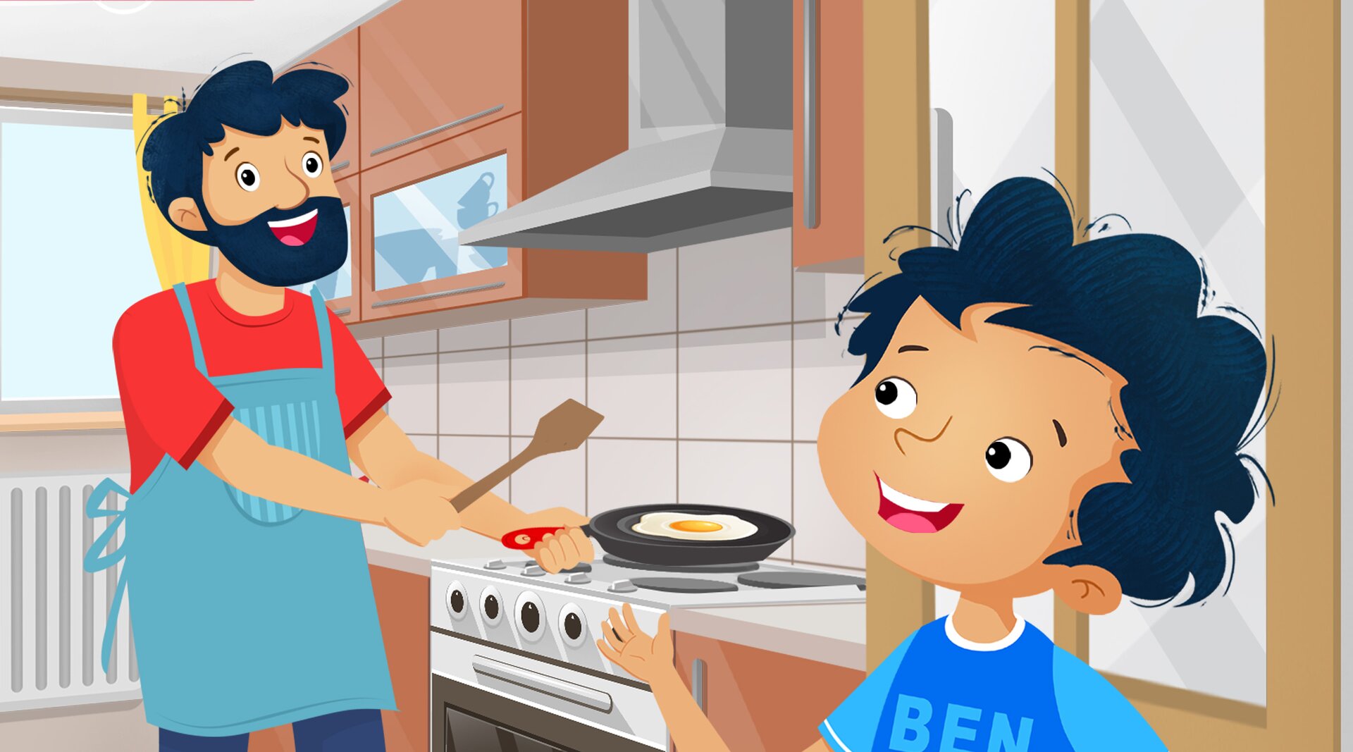 Ilustracja przedstawia Bena i tatę w kuchni. Tata smaży jajka na patelni, Ben wchodzi do pomieszczenia. 