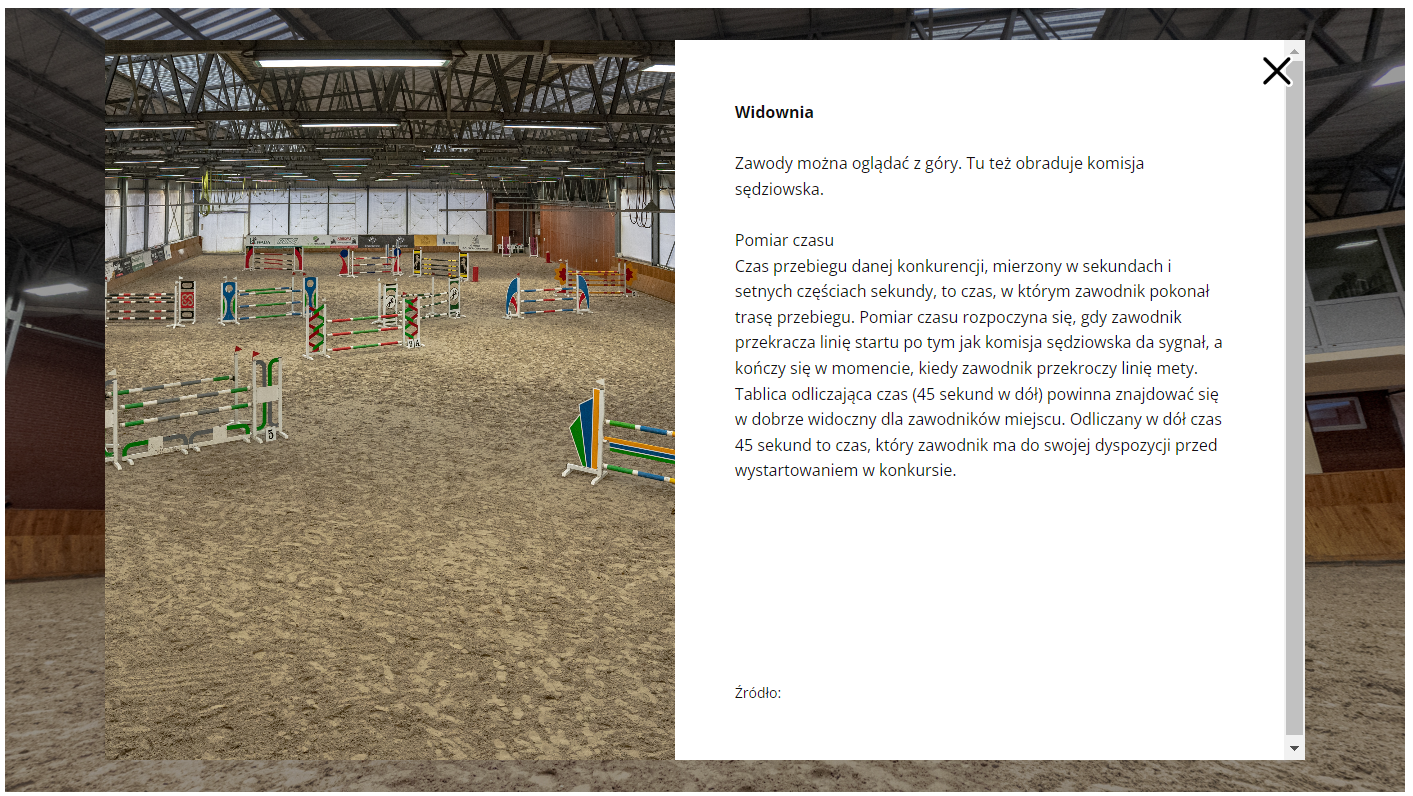 Plansza przedstawia wyświetloną informację na temat widowni. W tle znajduje się wybieg z przeszkodami.