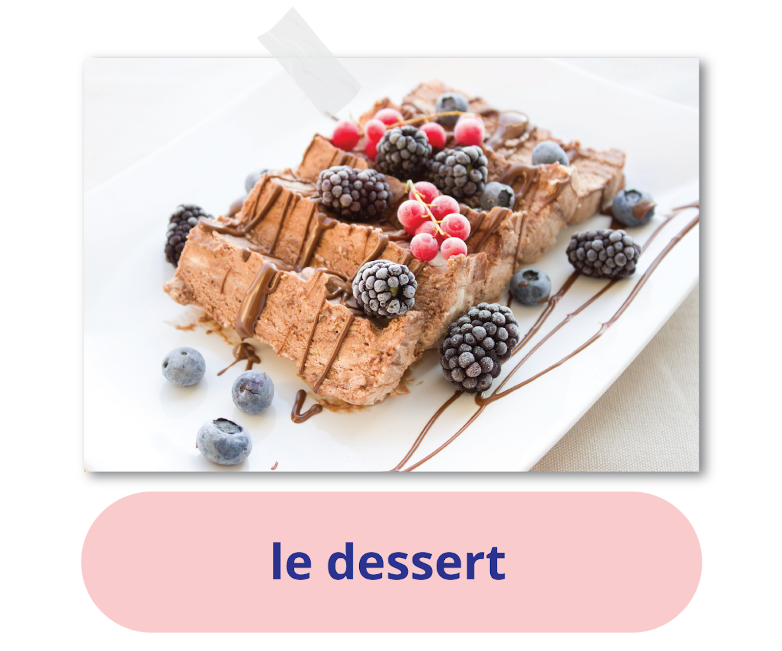 Ilustracja przedstawia talerz z deserem ustrojonym owocami. Podpis: le dessert.