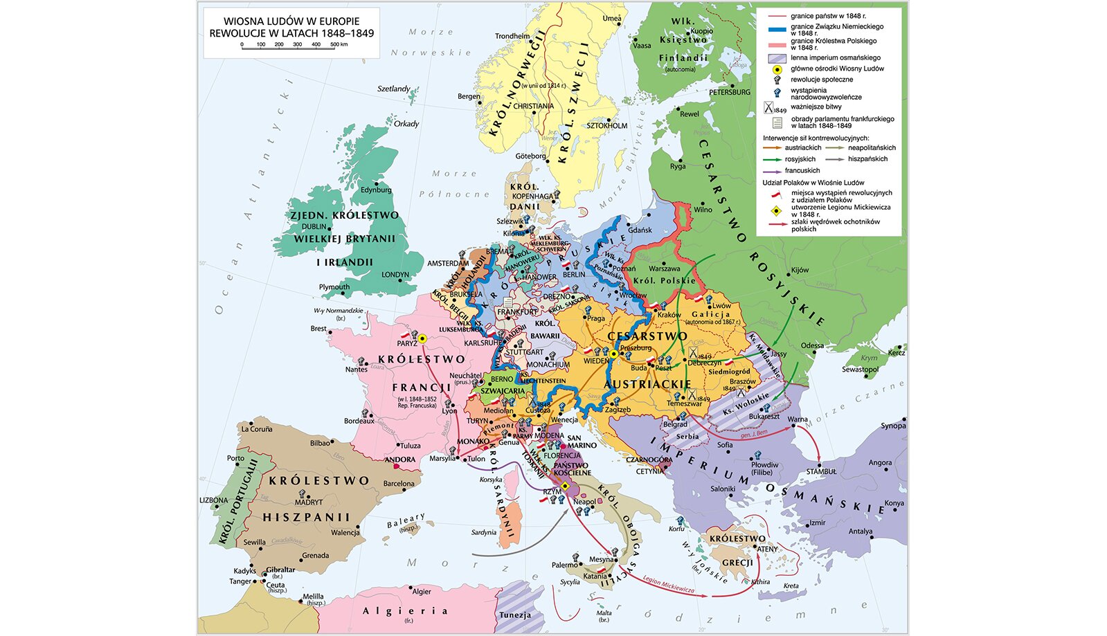 Grafika mapy przedstawiającej okres wiosny ludów w Europie i rewolucje w latach 1848-49.